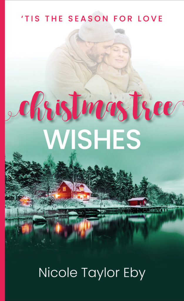 The cover of Christmas Tree Wishes showing a middle-aged couple hugging with her back to his front. Below is the title and a picture of a cabin on a snowy shore